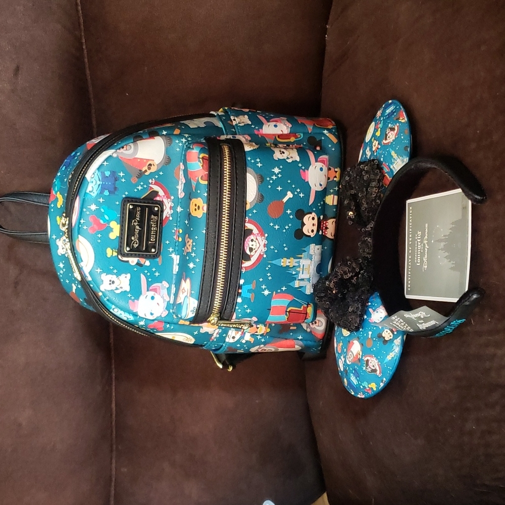 Disney Parks Icons Loungefly Backpack Ear Headband Set USED